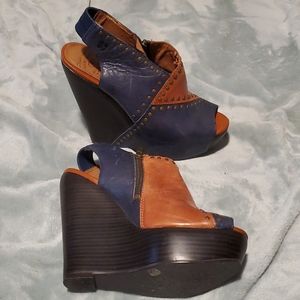 SOLD!!! Lucky Brand blue and tan leather wedges